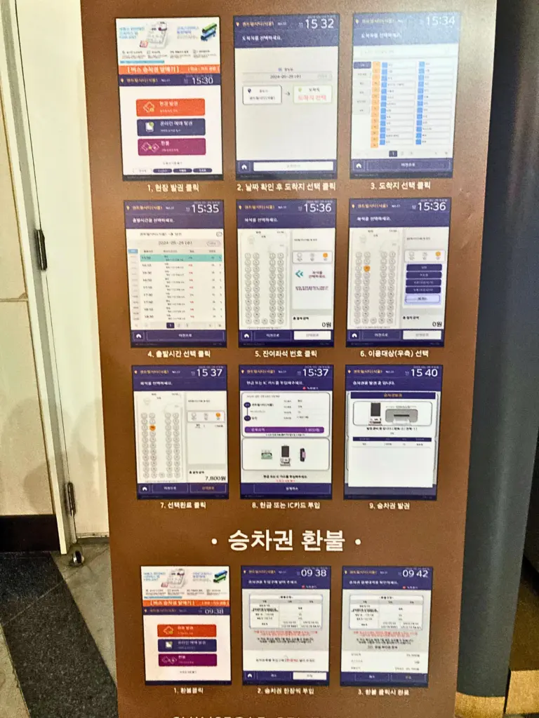韓国の高速バスターミナルに設置されている自動発券機の使い方案内